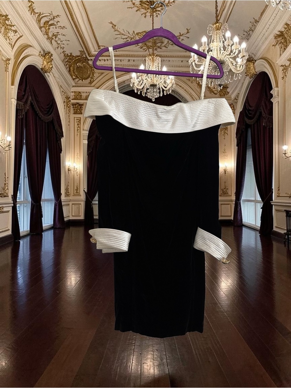 Vintage 80s A.J. Bari Black Strapless Velvet Dress with White Trim